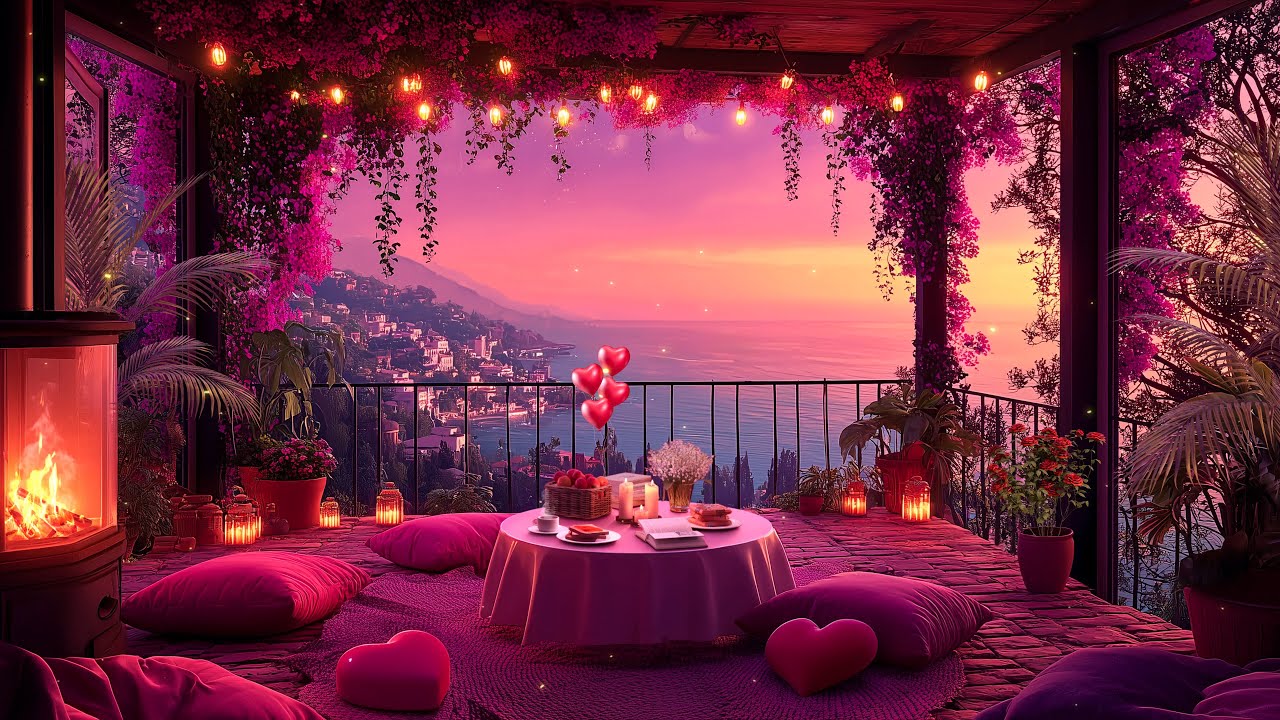 🎶 Cozy Sunset Jazz by the Sea 💖 Pink Balcony Fireplace & Soft Valentine Evening Ambience