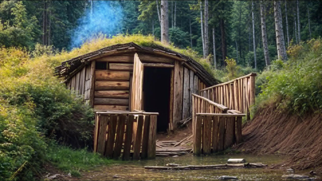 Building a Warm Shelter for Survival in the Wild Forest from Start to Finish.