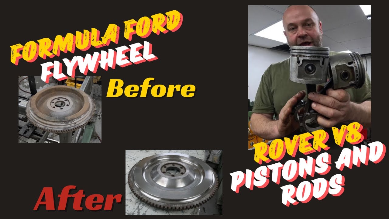 Lightening a formula ford xflow flywheel, and removing and fitting new pistons to rover v8 rods.