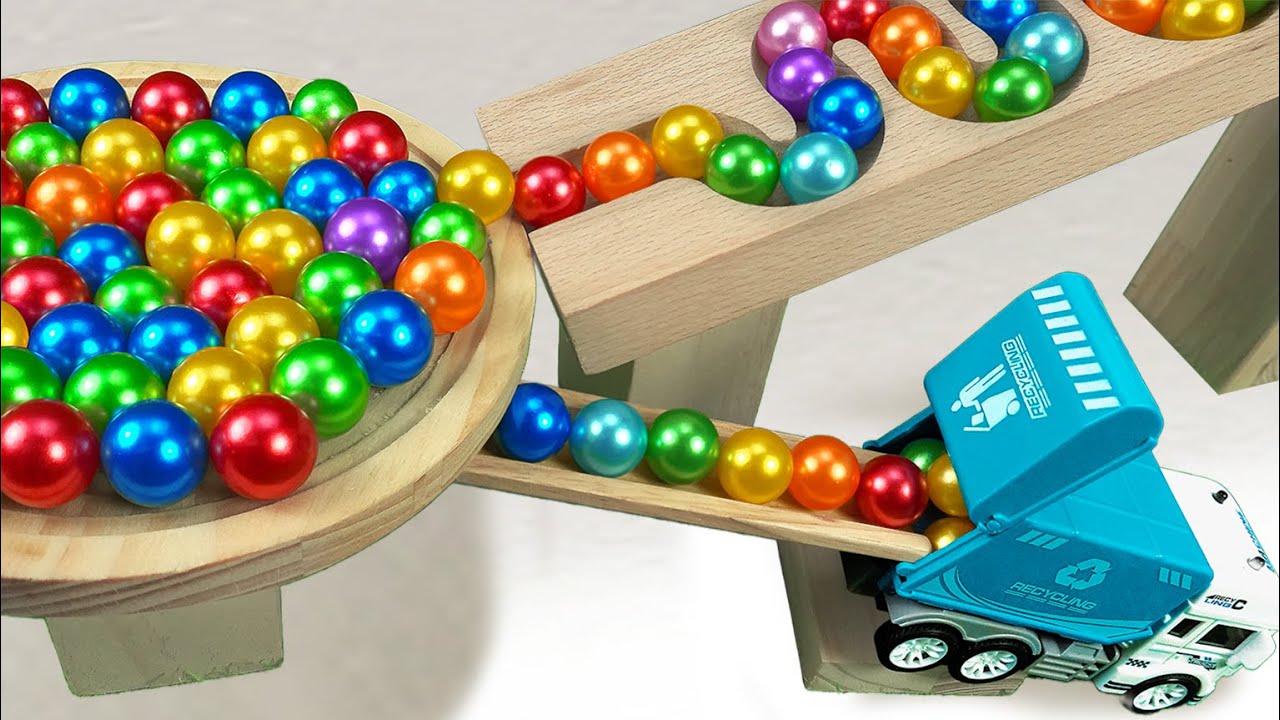 Marble Run Race ☆ HABA Slope&Retro Makita Truck, Excavator, Garbage Truck, Dump Truck,Ambulances#124