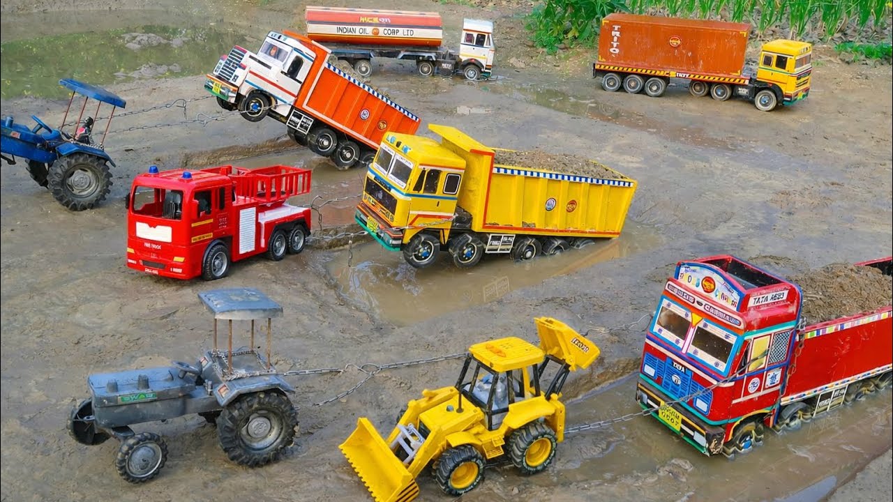 TATA Truck & Volvo Dumper Muddy Accident 😱 | JCB 3DX Rescue by Swaraj Tractor 🚜 | YTB Toy Cartoon