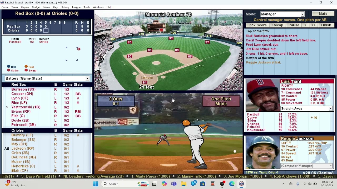 Baseball Mogul2025 4-9-76 Boston at Baltimore