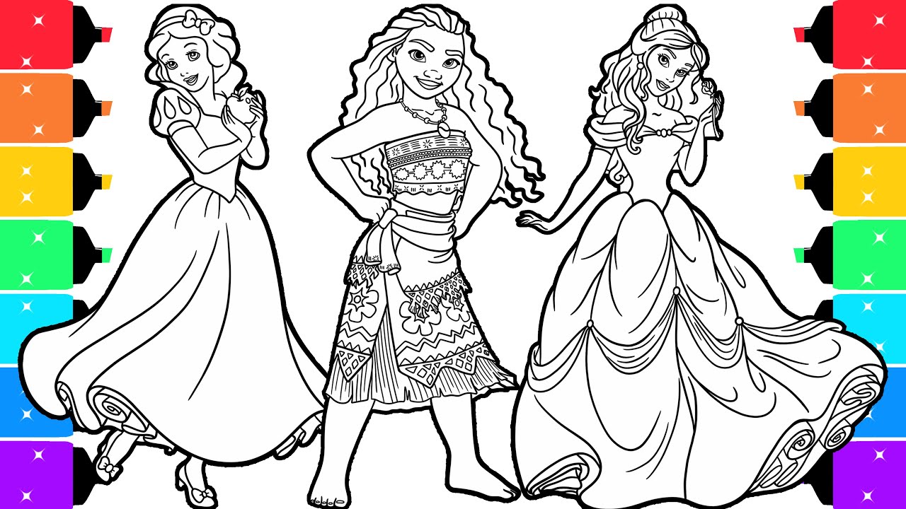 Coloring Disney Princess Coloring Pages | Snow White, Moana & Belle