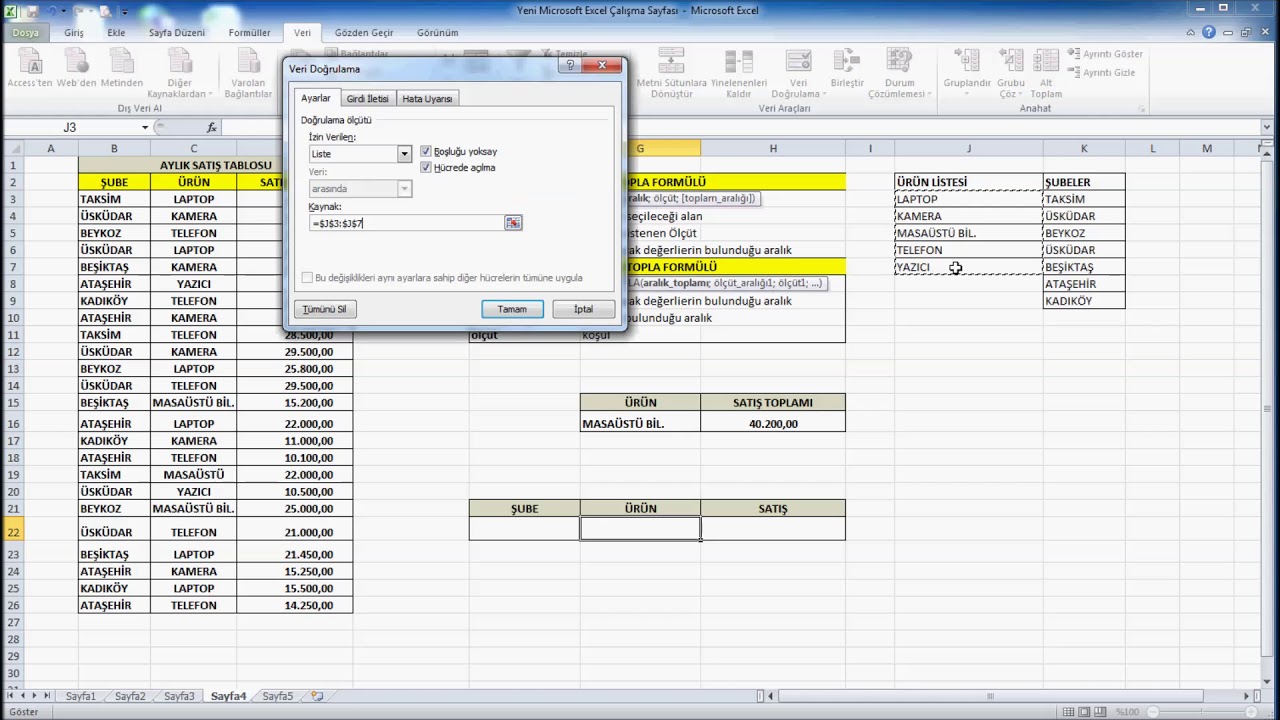 Excel Etopla Formülü , Çoketopla Formülü ve Veri Doğrulama ile Açılır Kutu Yapımı