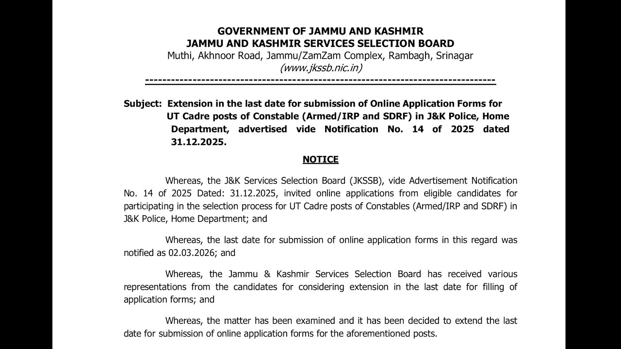 JKP CONSTABLE 2026 - NEW POSTS - 2 IMPT UPDATES by JKSSB - LAST DATE EXTENDED .