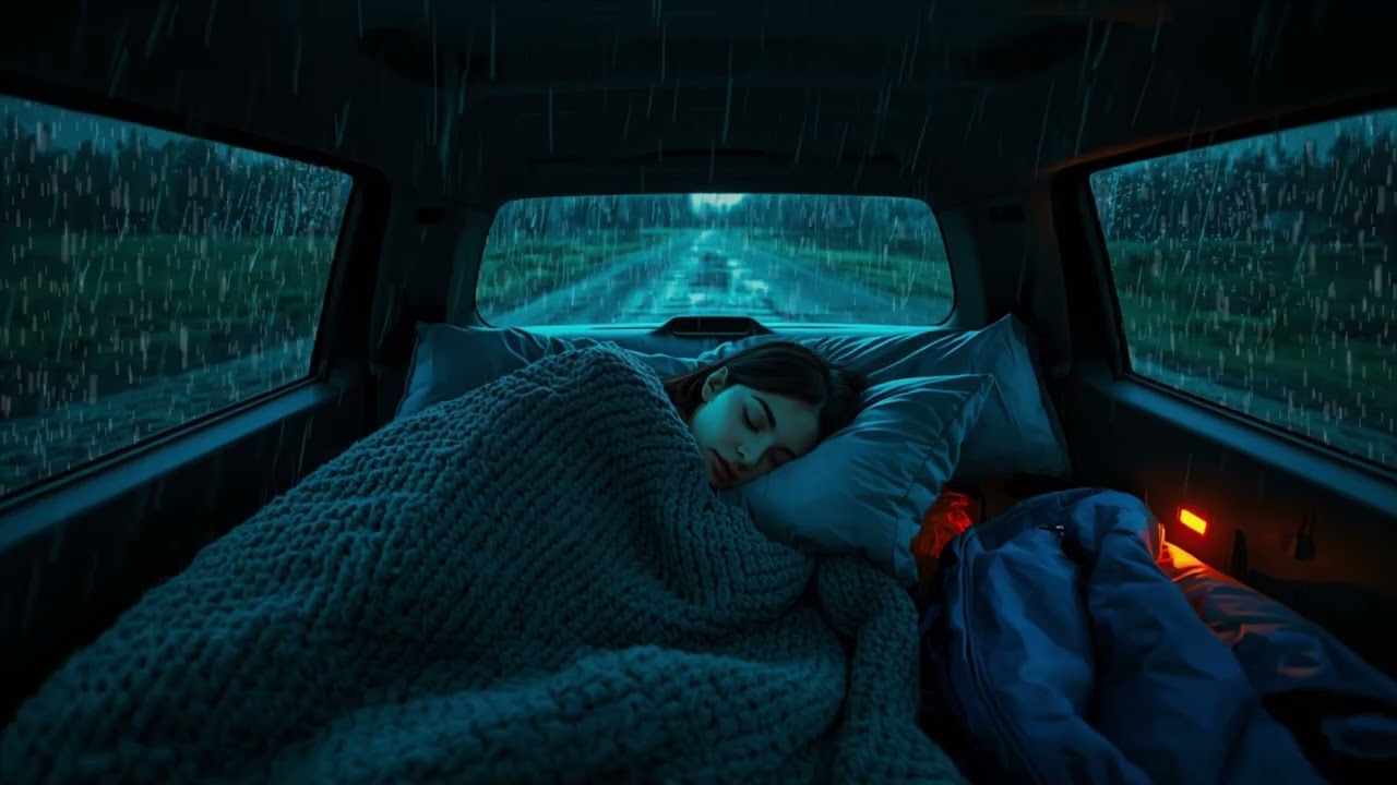 Goodbye Stress to Sleep Instantly with Heavy Rain & Thunder on Cozy Car at Night