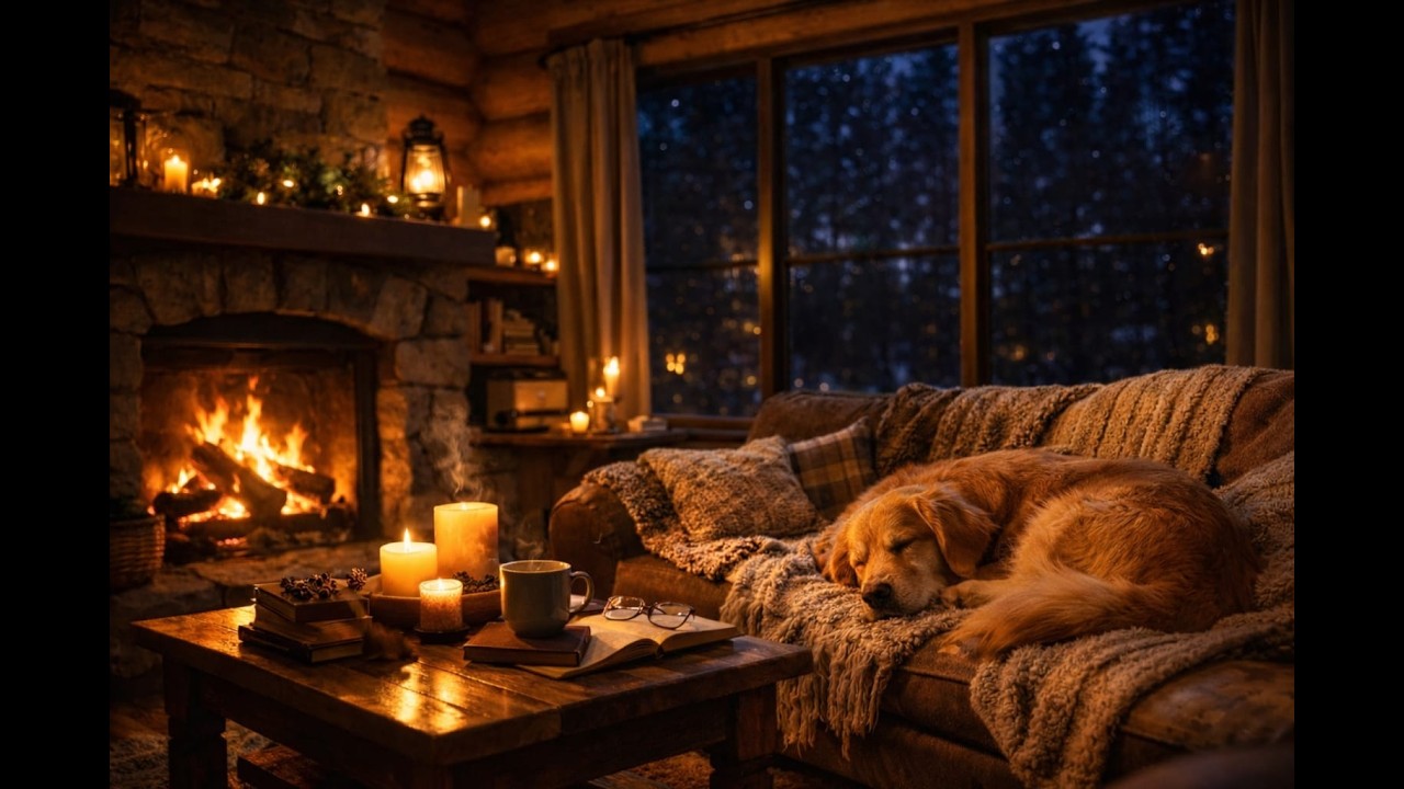 Peaceful Coffee Shop in a Winter Blizzard ☕❄️ Fireplace & Soft Jazz for Relaxing, Study & Sleep