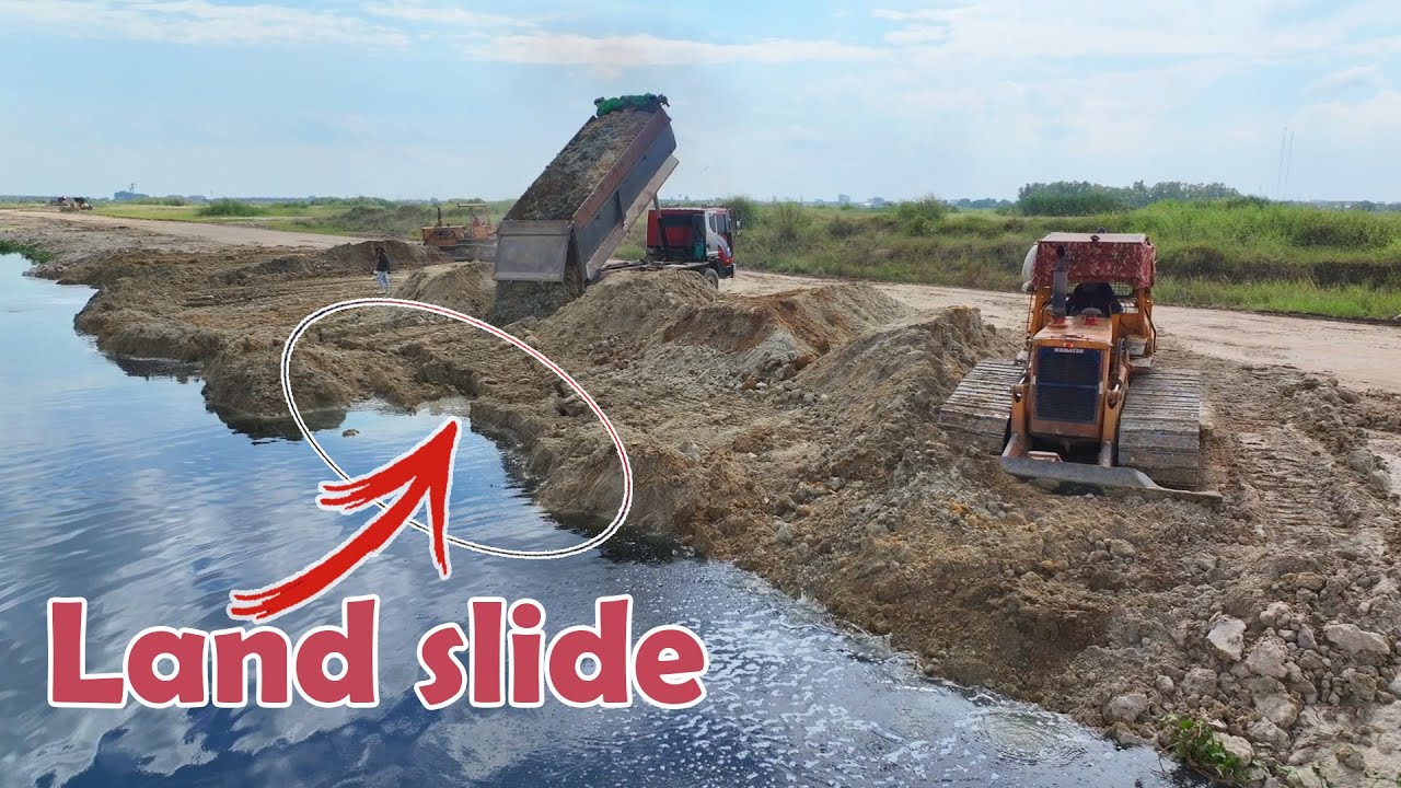 Interesting KOMATSU Bulldozer Pushing Soil Filling a Big Land With Huge 25T Dump Trucks