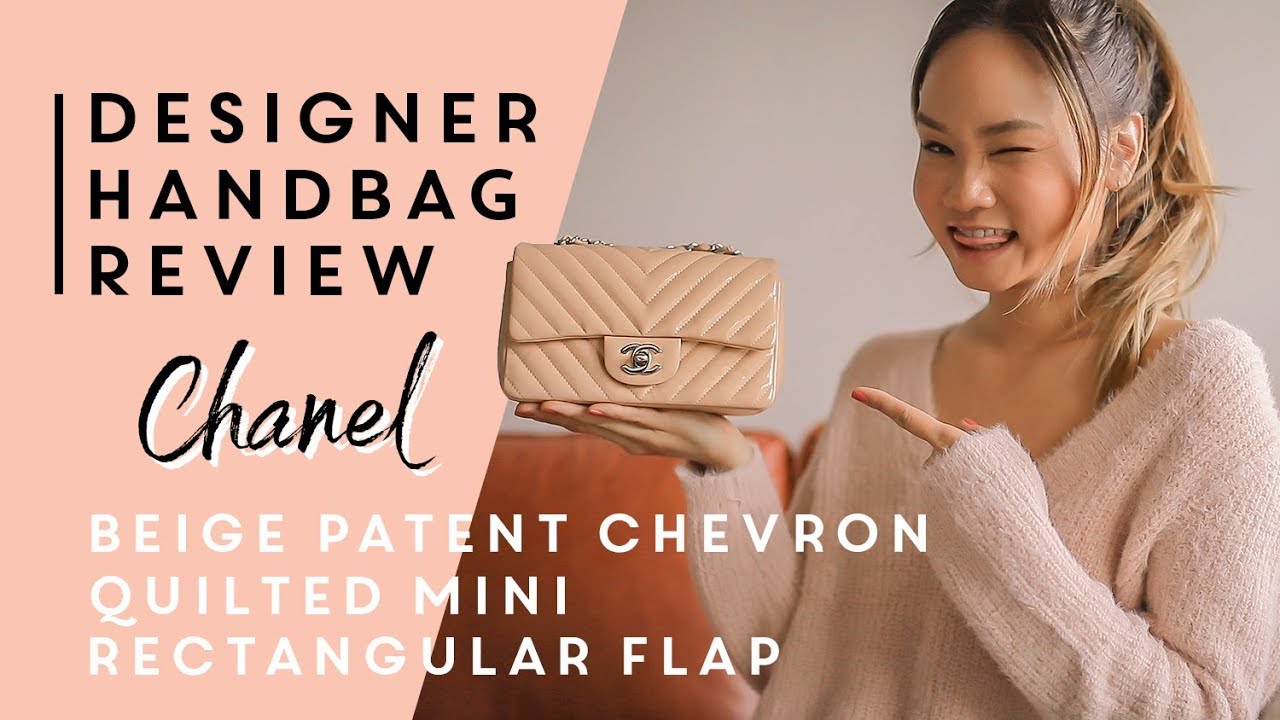 DESIGNER HANDBAG REVIEW - Chanel Beige Patent Chevron Quilted Mini Rectangular Flap | Victoria Hui