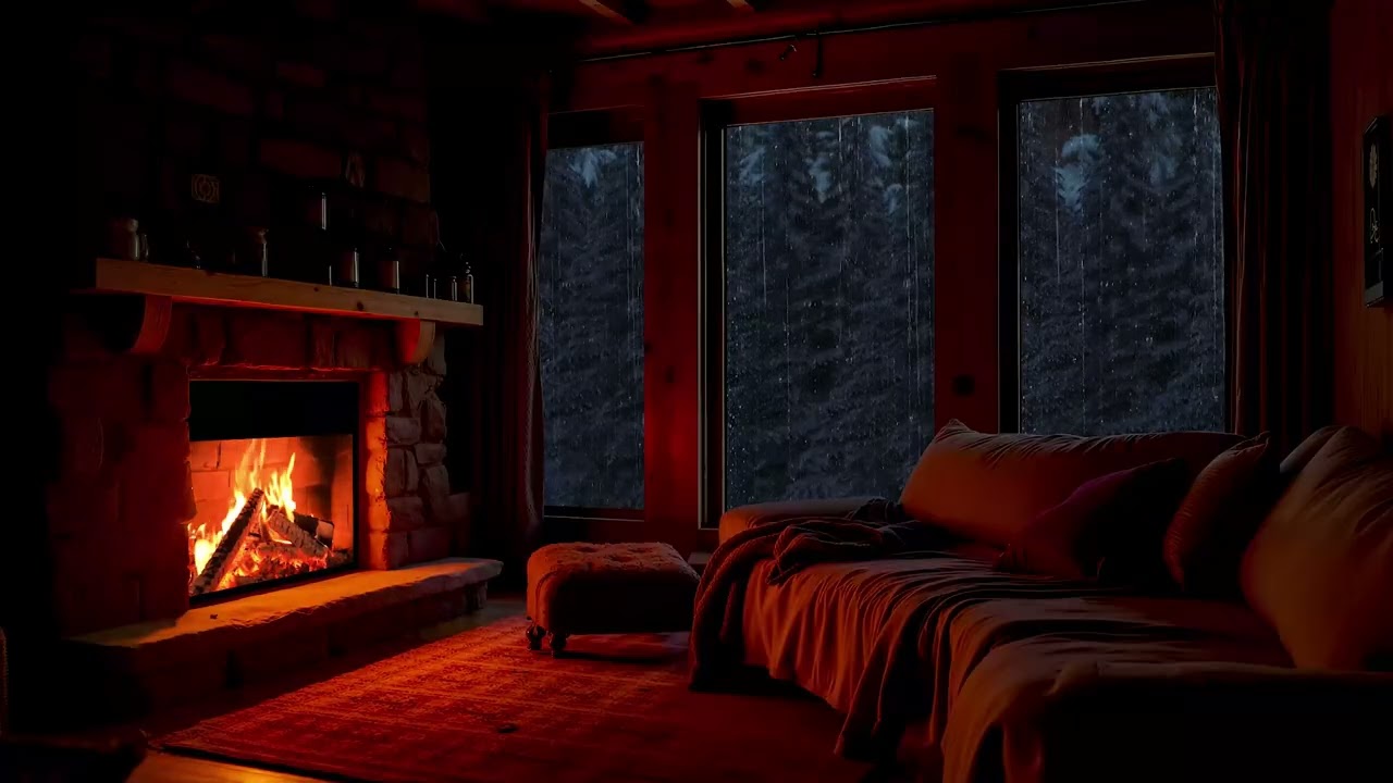 Peaceful Sleep in a Winter Attic - Fireplace Crackle, Rain Outside and Deep Sleep Ambience
