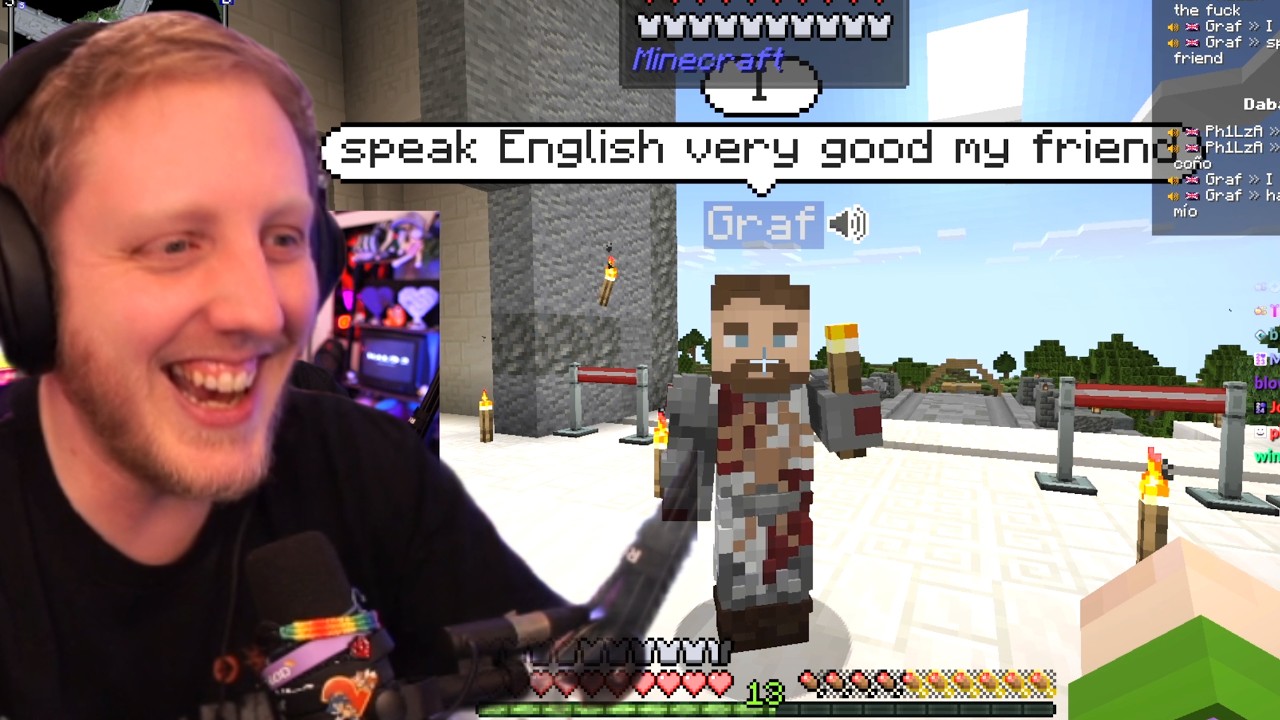 Реакция Филзы на безупречный английский Графа в Minecraft на QSMP