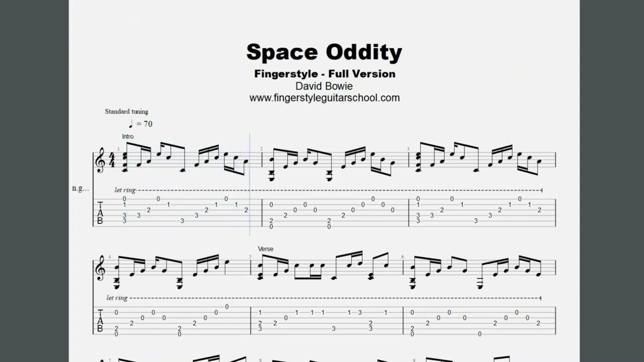 David Bowie's Space Oddity Fingerstyle Tab On Screen - Full and Easy Version