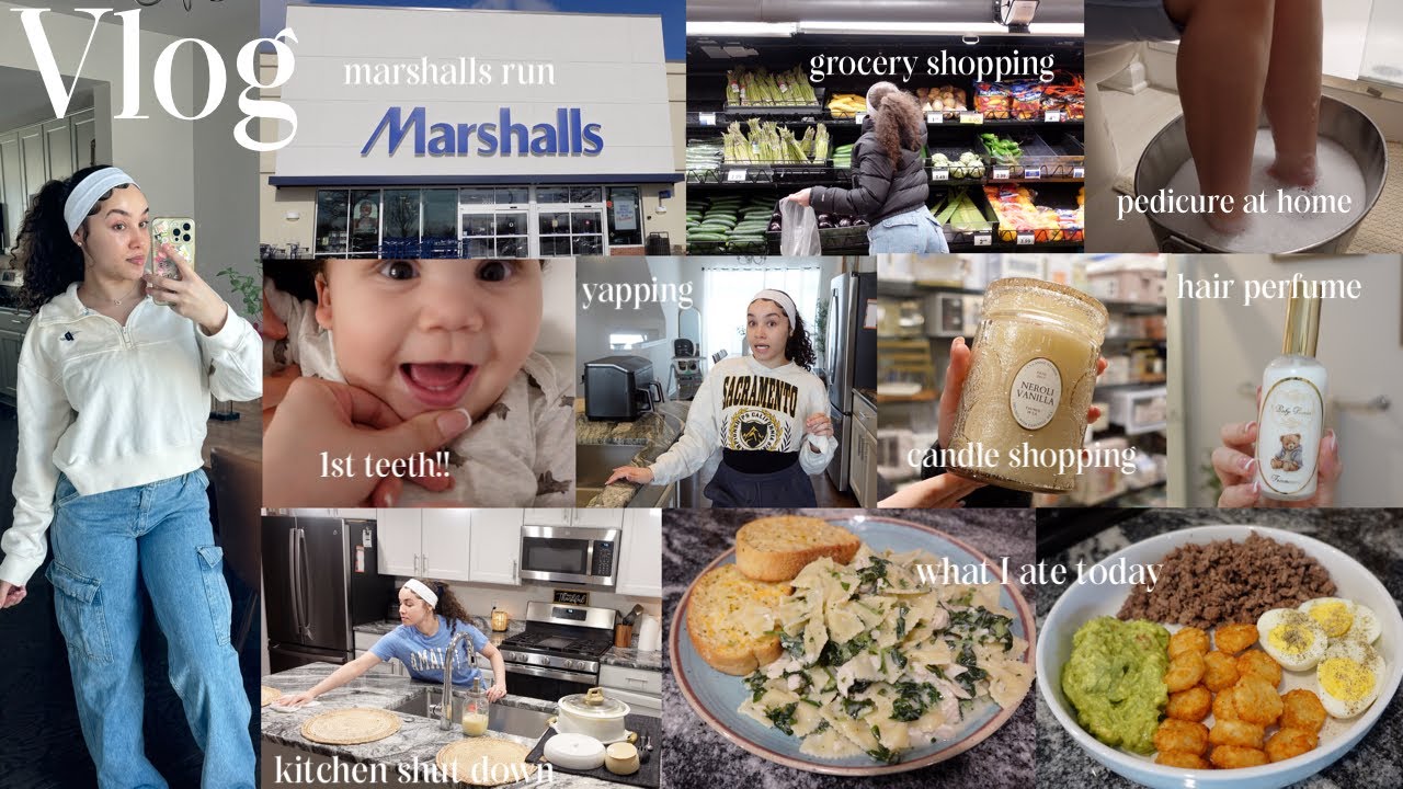 vlog-kitchen shut down routine +grocery shopping +pedicure +1st teeth +cooking +guess the scent +etc