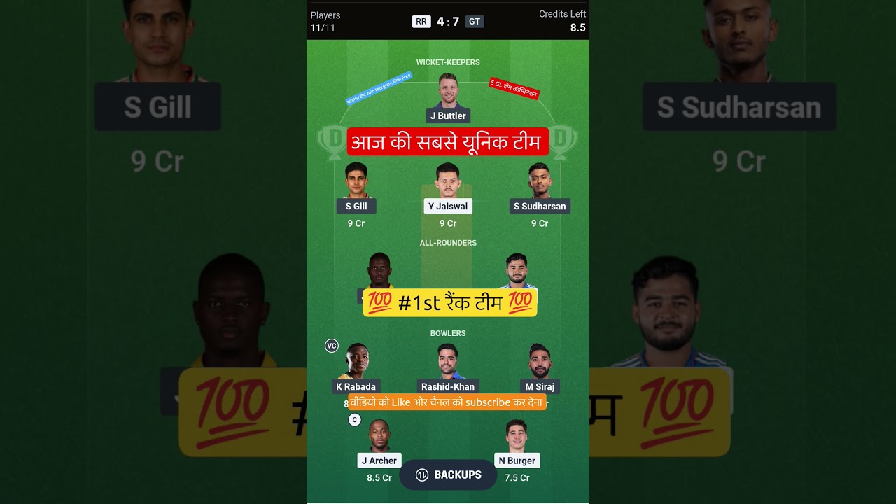 RR VS GT T20 Dream11 Prediction | RR VS GT Dream11 Team Of Today Match | RR VS GT dream11