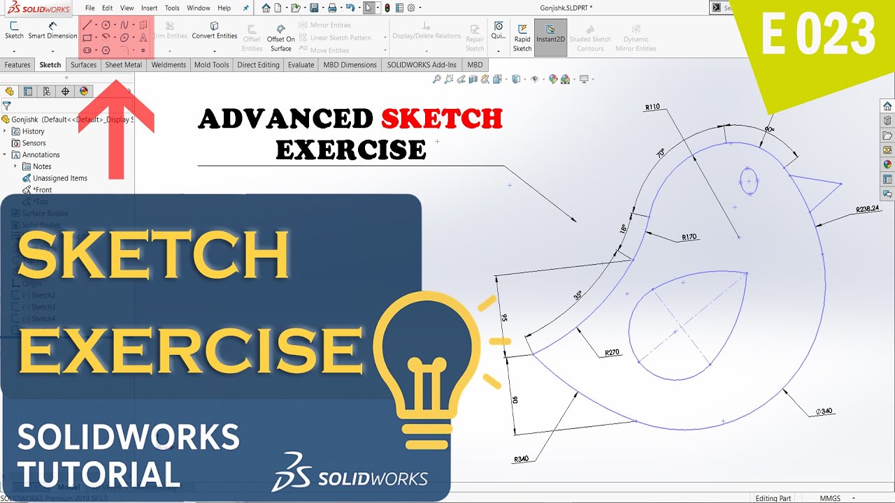 SolidWorks Sketch Tutorial (E023) │ Sparrow Sketch Exercise + Consecutive Arcs & Ordinate Dimensions