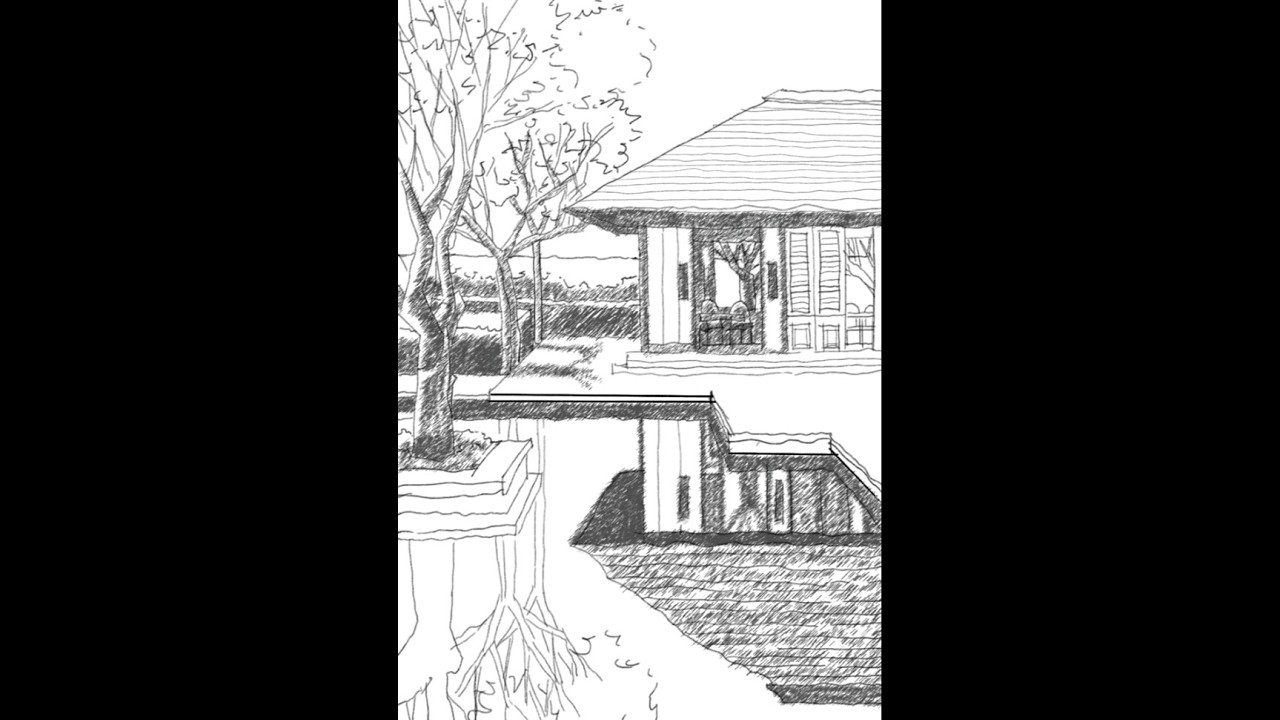 Drawing a house and reflection in water, step by step.1/2 