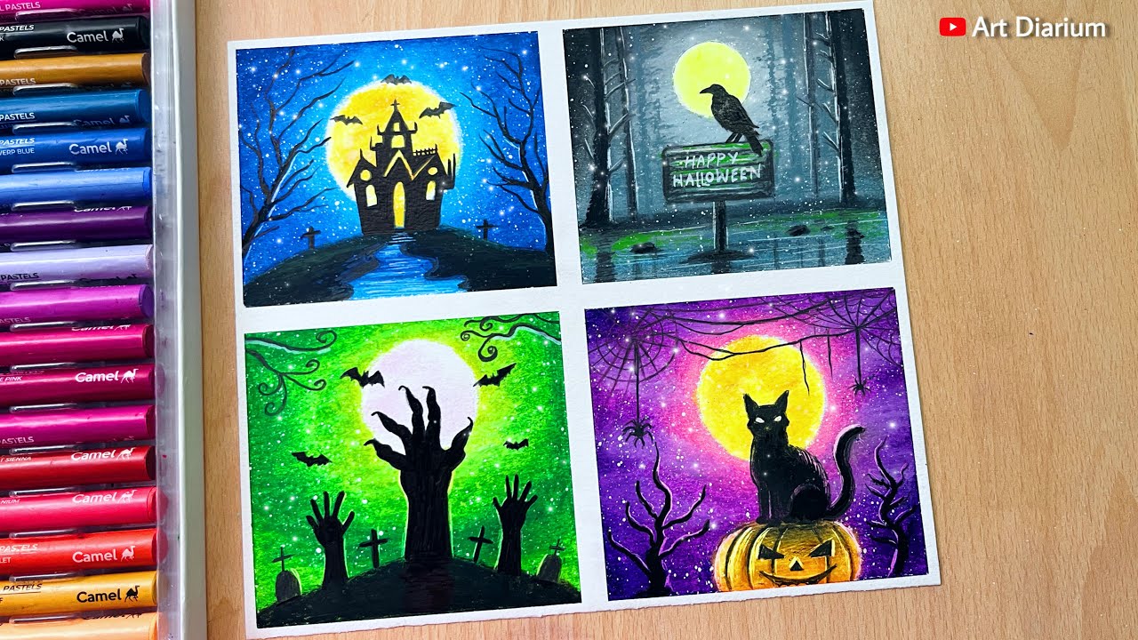 Halloween Drawing Ideas with Oil Pastels for Beginners - STEP by STEP