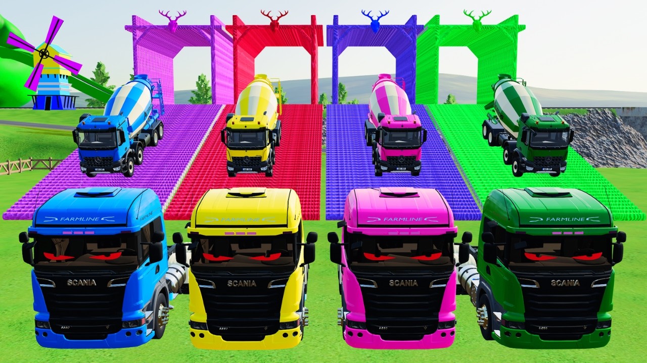 Transporting Colorful Mixer Trucks & Double Flatbed Trailers on Dangerous Terrain FS22 #91