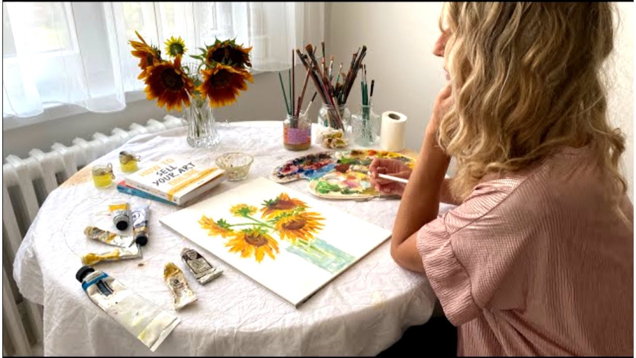 Cozy ASMR painting SUNFLOWERS 🌻easy steps + ambiance music to enyoj