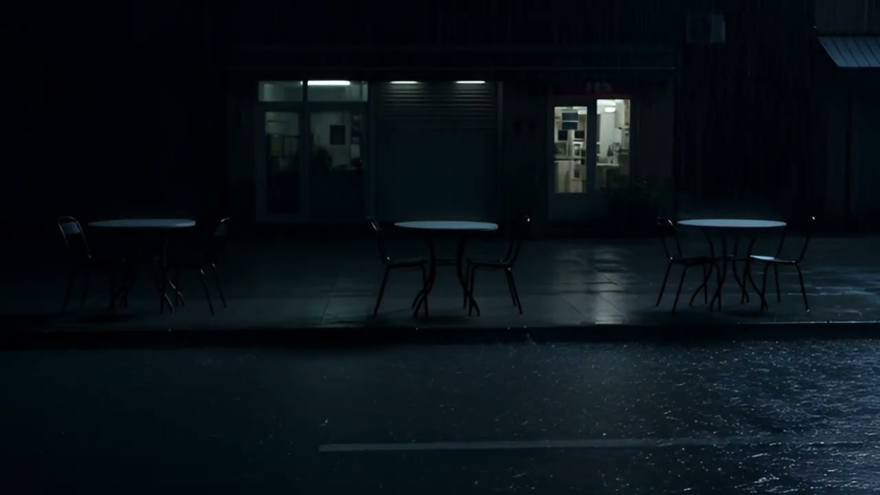 The sound of rain in front of the restaurant