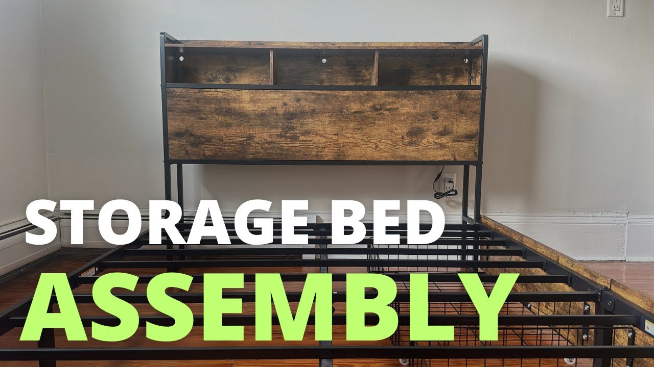 HAUSOURCE Bed Frame with Bookcase Headboard and 2 Drawers LED Lights Assembly | Antioch Bed Frame