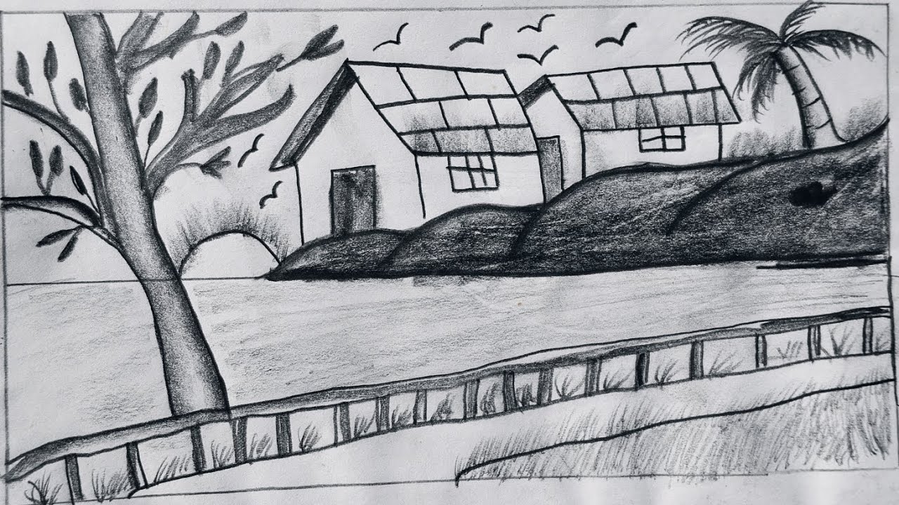 House river side scenery drawing #how to draw amazing house river side scenery drawing #