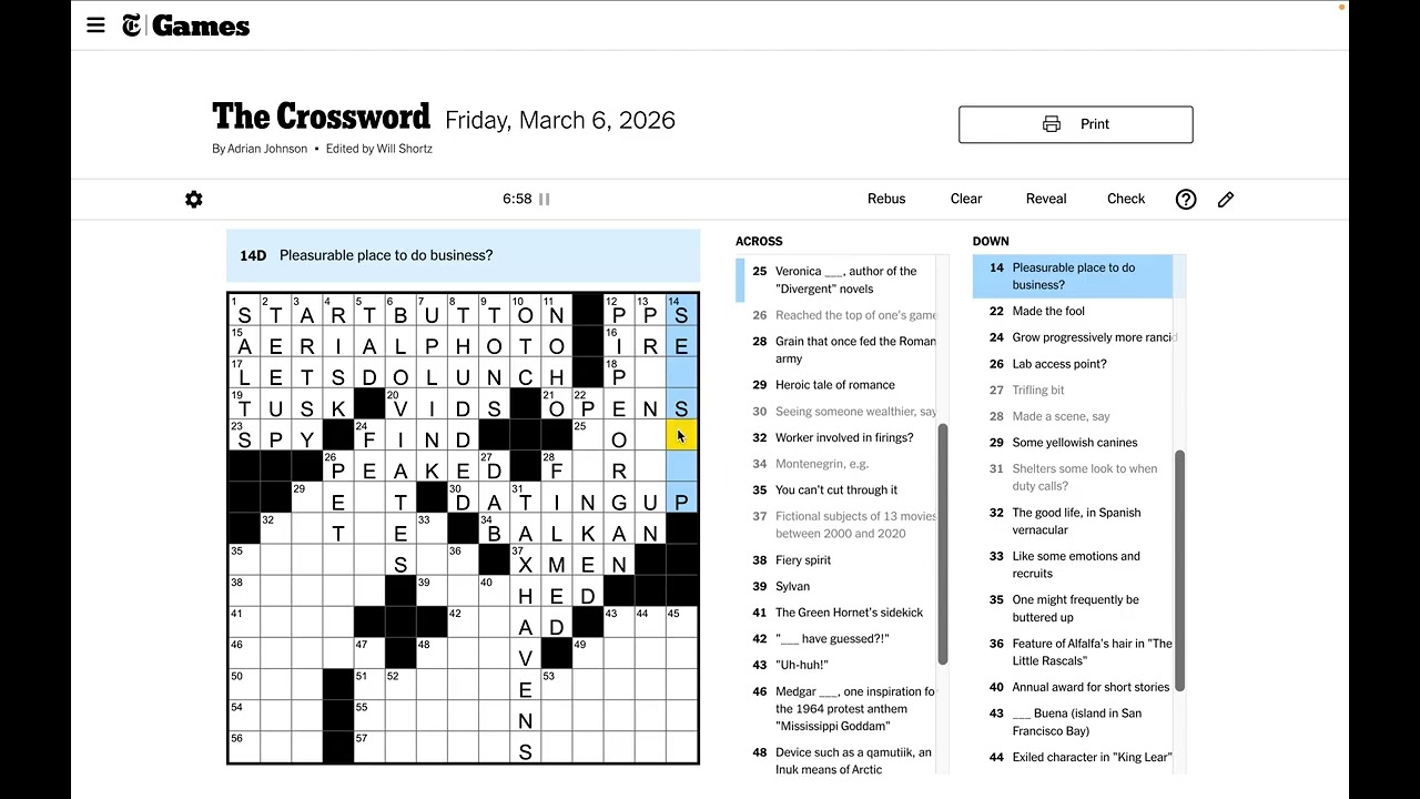 New York Times Crossword Solve - Friday Mar 6 2026
