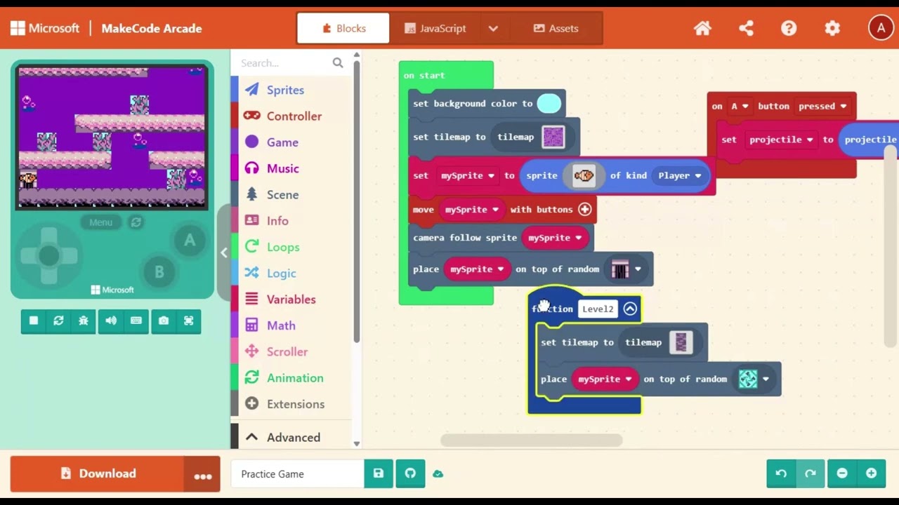 Use Functions to change the level in Makecode Arcade