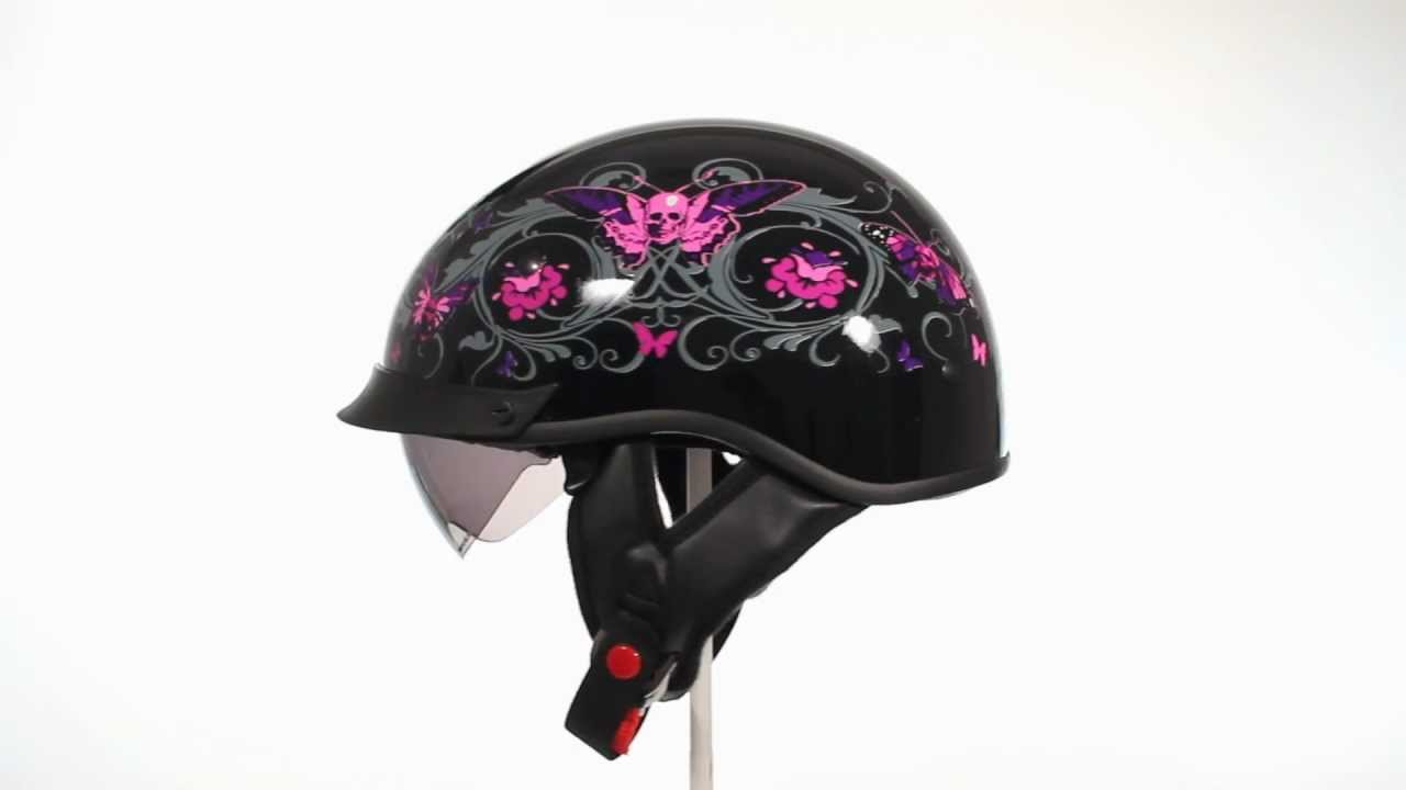 Outlaw T70 Pink Skull Butterfly Dual Visor DOT Half Helmet at LeatherUp.com