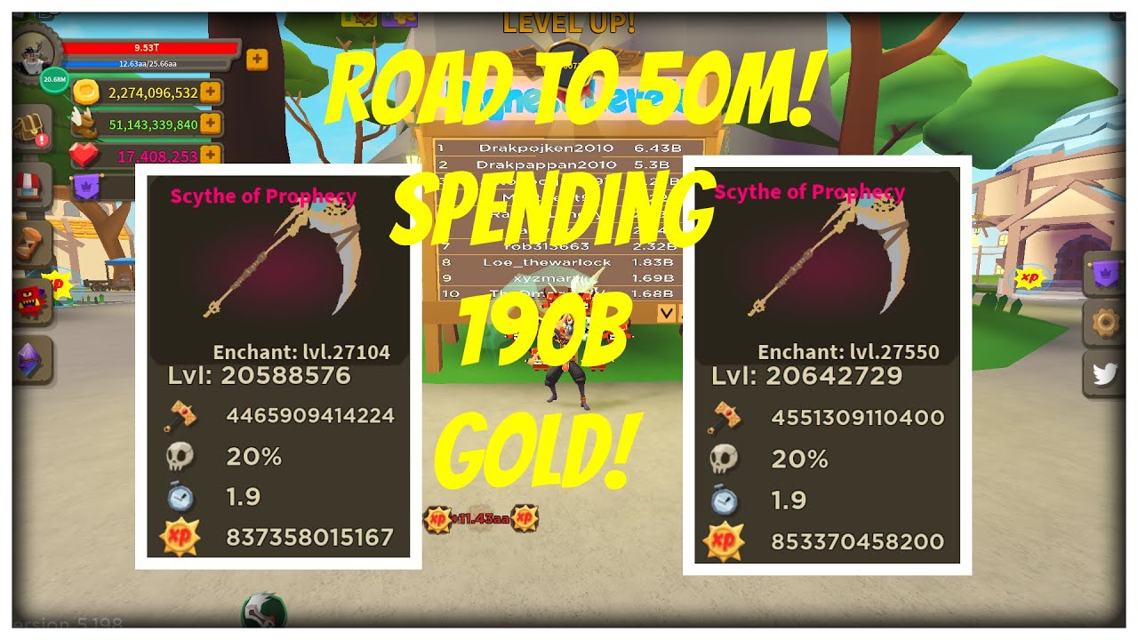 Road to 50 Million! Spending 190b gold and getting 2 Scythe of prophecy! Roblox Giant Simulator