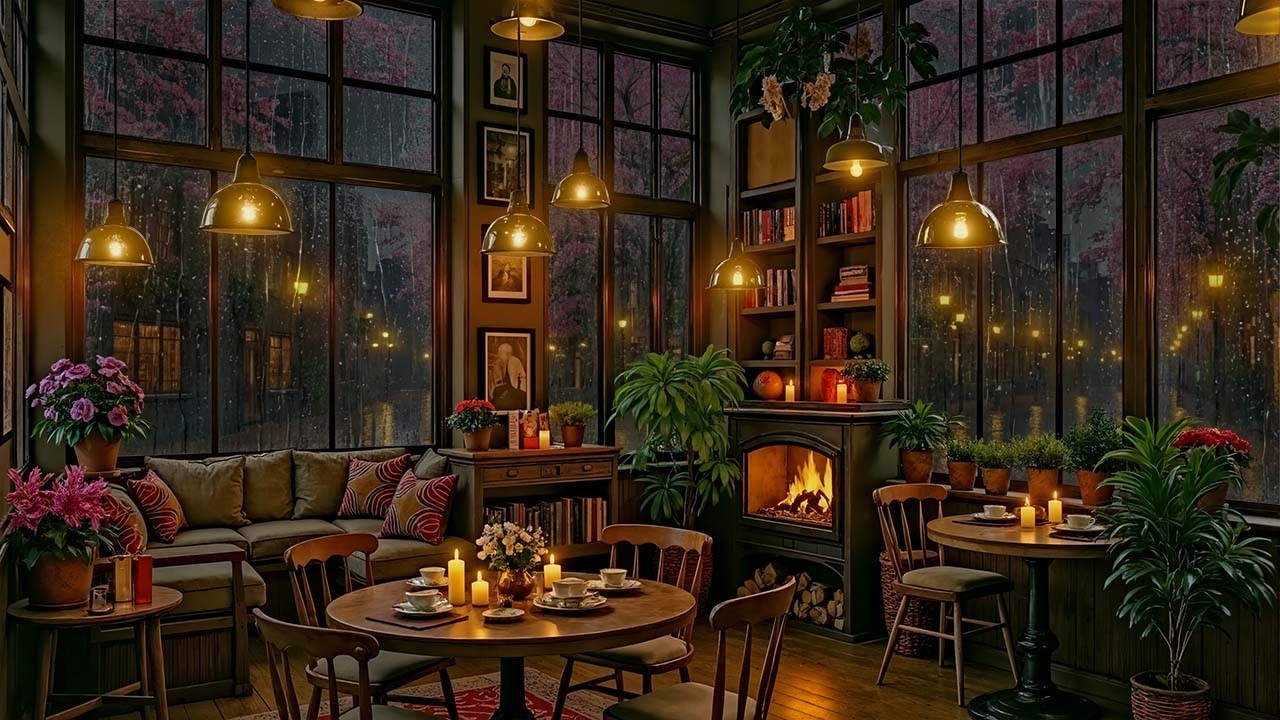 Warm Rainy Night Coffee Shop by the Window | Relax Jazz Piano & Fireplace Ambience for Study & Work