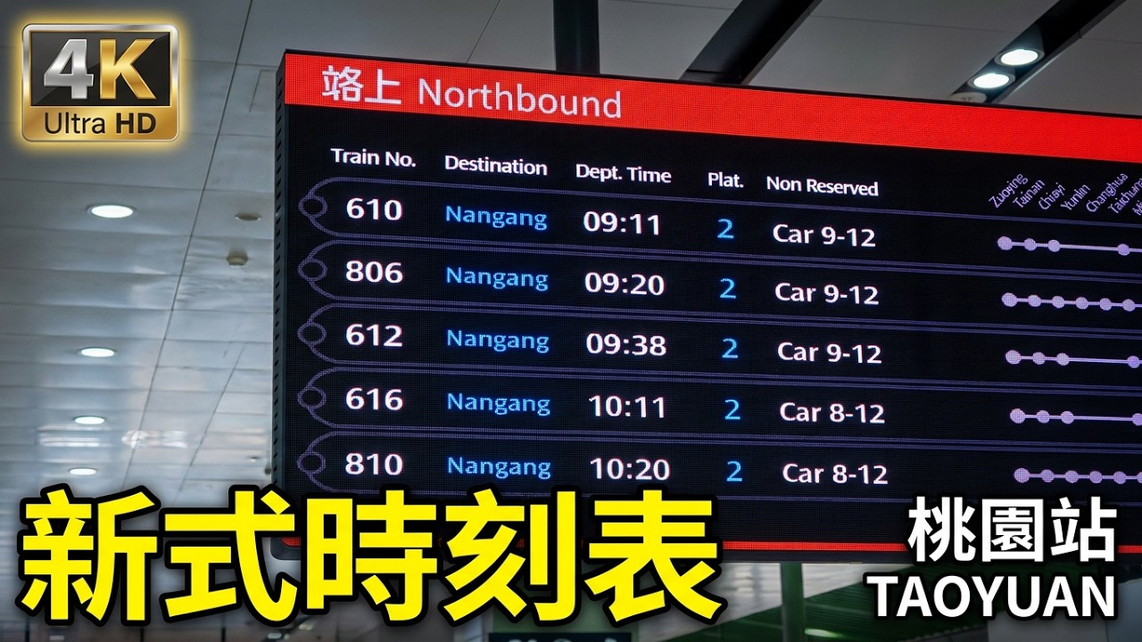 (4K) 台灣高鐵桃園站新式列車時刻表LED顯示器