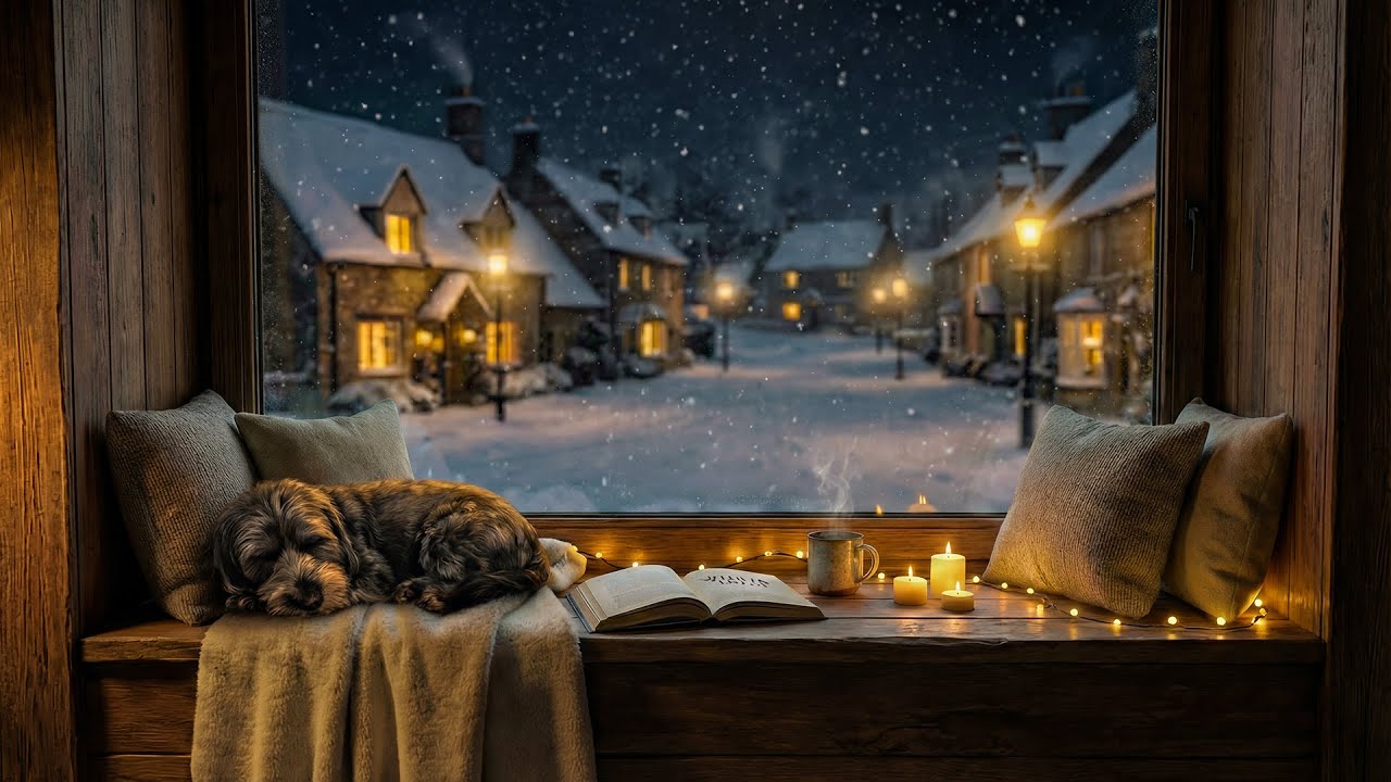 10 Hours of Cozy Winter Jazz | Snowy Village Night, Fireplace Glow & Relaxing Ambience