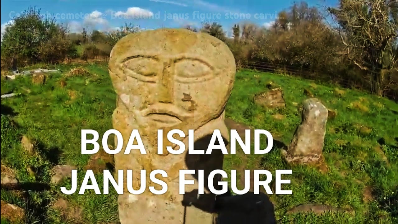 Caldragh cemetery ~ Boa island janus figure stone carving and Irish pegan statue or monument.