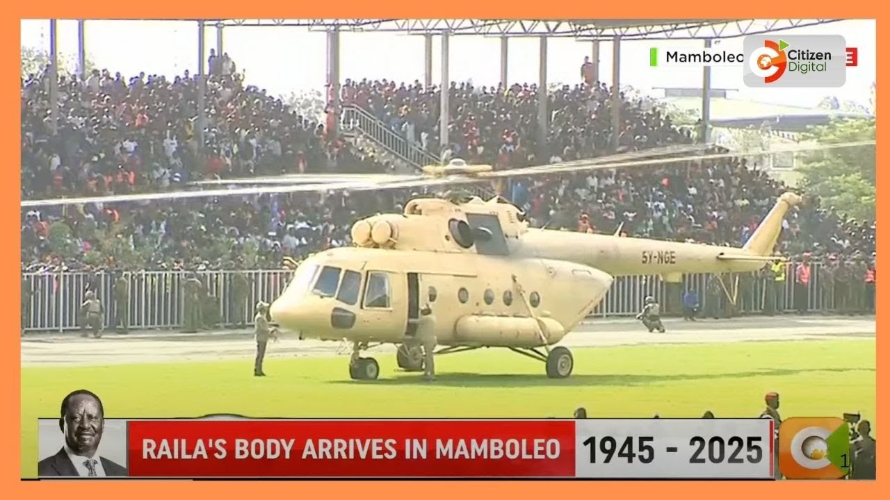 Body of Raila Odinga lands at Jomo Kenyatta Stadium in Mamboleo