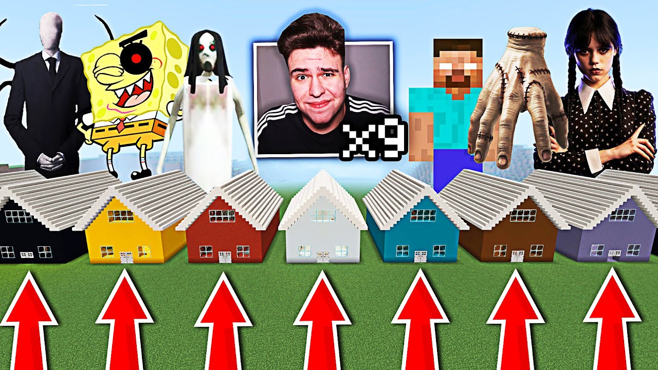 9 CASE în MINECRAFT ! Care e CORECTĂ ?! (Wednesday, Manuta, Slenderman, Slendrina, Spongebob )