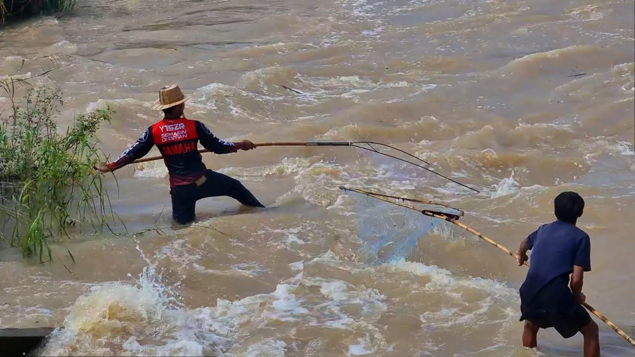 Real Life Fishing In Country Side, Old Men Dip Net Fishing Under Dam.