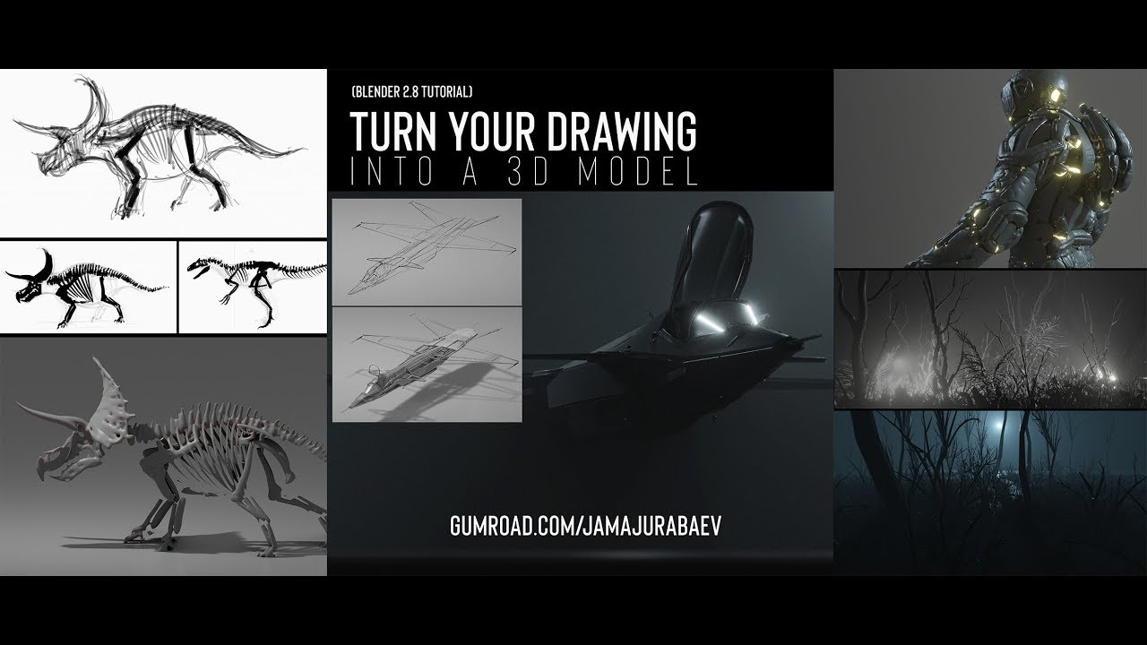 Blender 2.8: Turn your 2D drawing into a 3D model using Grease Pencil (Tutorial trailer)