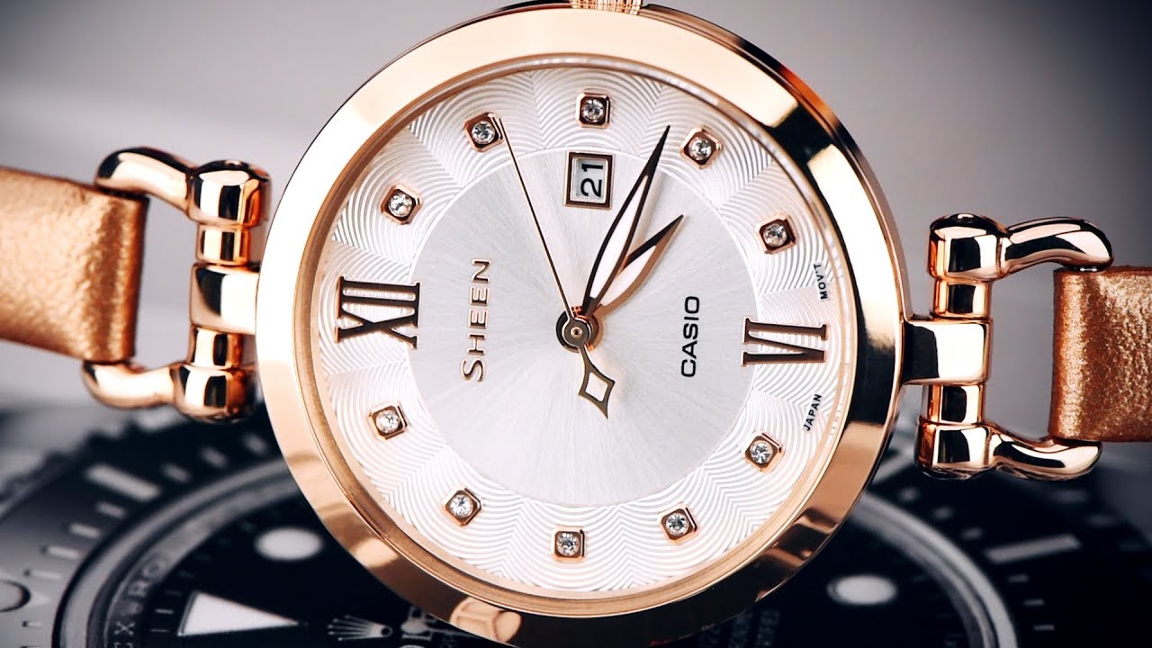 Review đồng hồ Casio SHE-4055PGL-7BUDF đính kim cương mặt số tương ứng với các múi giờ
