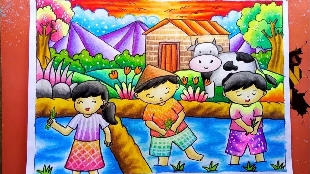 Menggambar dan Mewarnai Pemandangan di Sawah | Drawing Nature Scenery | Mewarnai dengan crayon