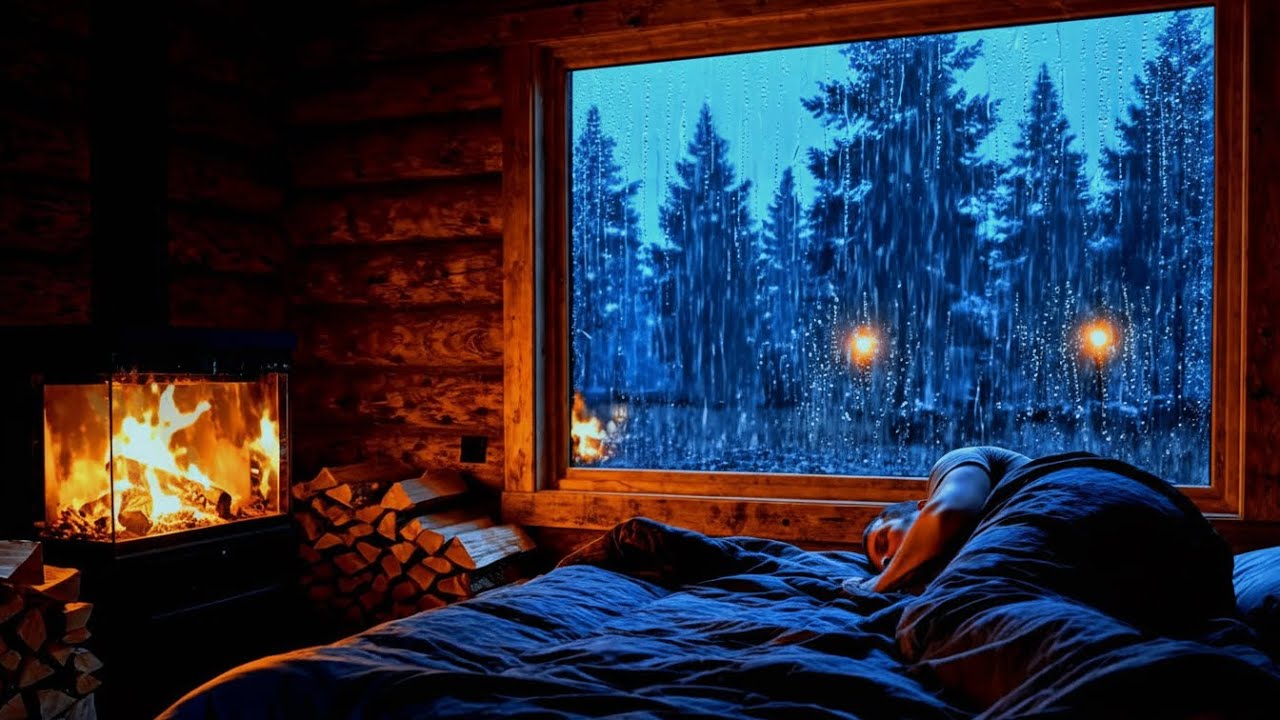 Cozy Rain Ambience in a Wooden Forest Cabin | Rain on Window & Crackling Fireplace