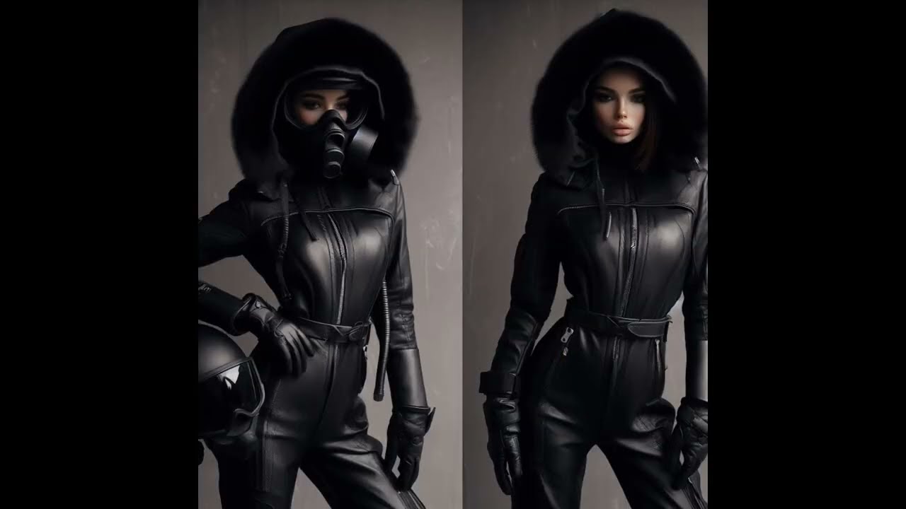 A girl in black leather ski suit with hood. Black leather overalls, down jackets, gloves, gas masks