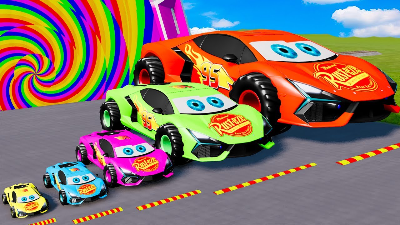 Big & Small Red Lamborghini McQueen VS Trains the Thomas - Funny Cars vs Slide Color - BeamNG.drive