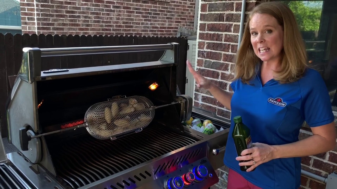 Napoleon Prestige Pro Grill  chicken wings in rotisserie basket
