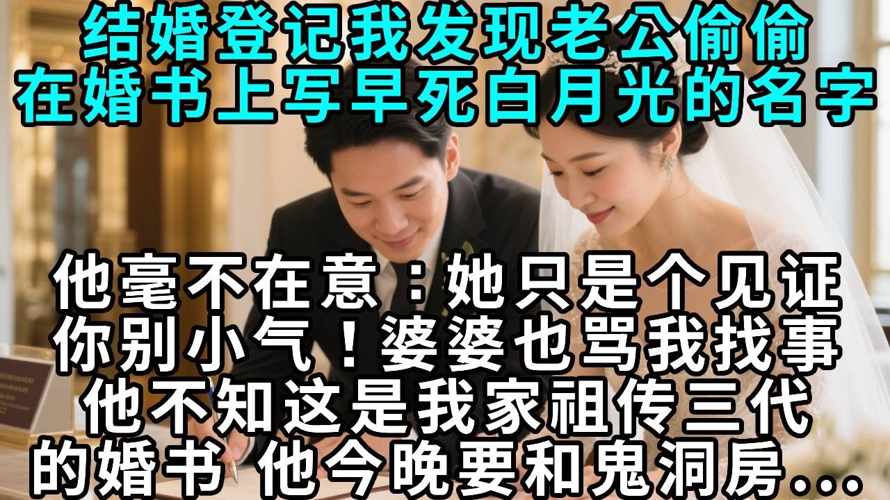 結婚登記時，我發現老公偷偷在婚書上寫下早死白月光的名字，他毫不在意：「她只是個見證，你別小氣！」婆婆也罵我找事，他不知這是我家祖傳三代的婚書，他今晚要和鬼洞房……