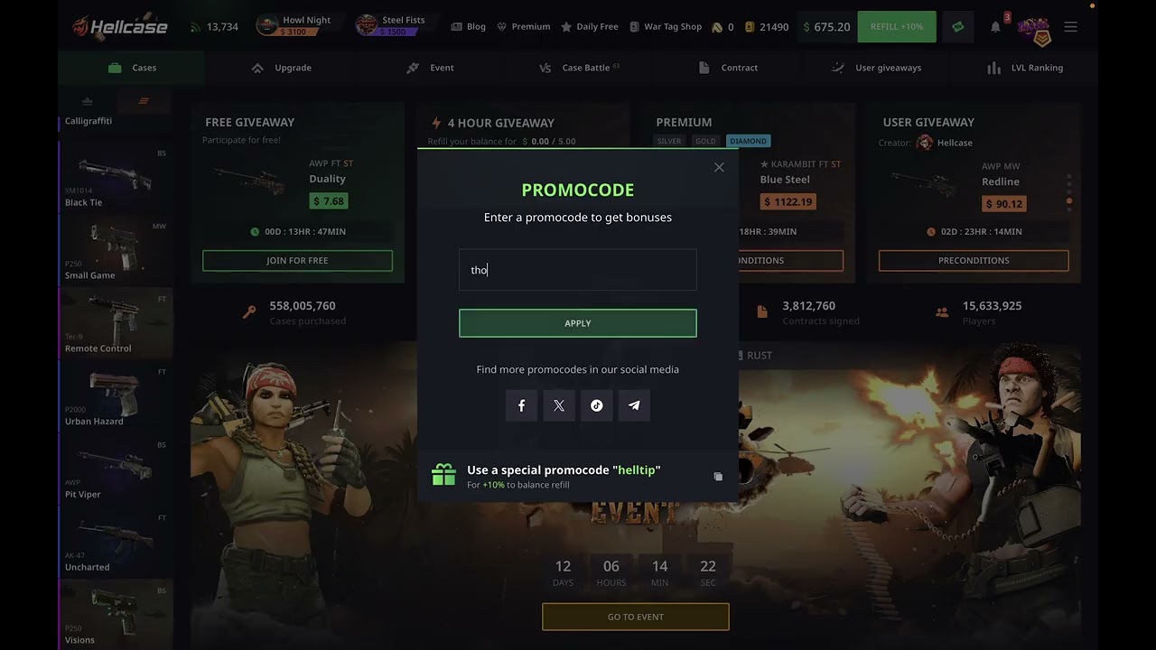 10% deposit bonus hellcase 2025!! FREE €0.70 and giveaways! Code: THOSSA