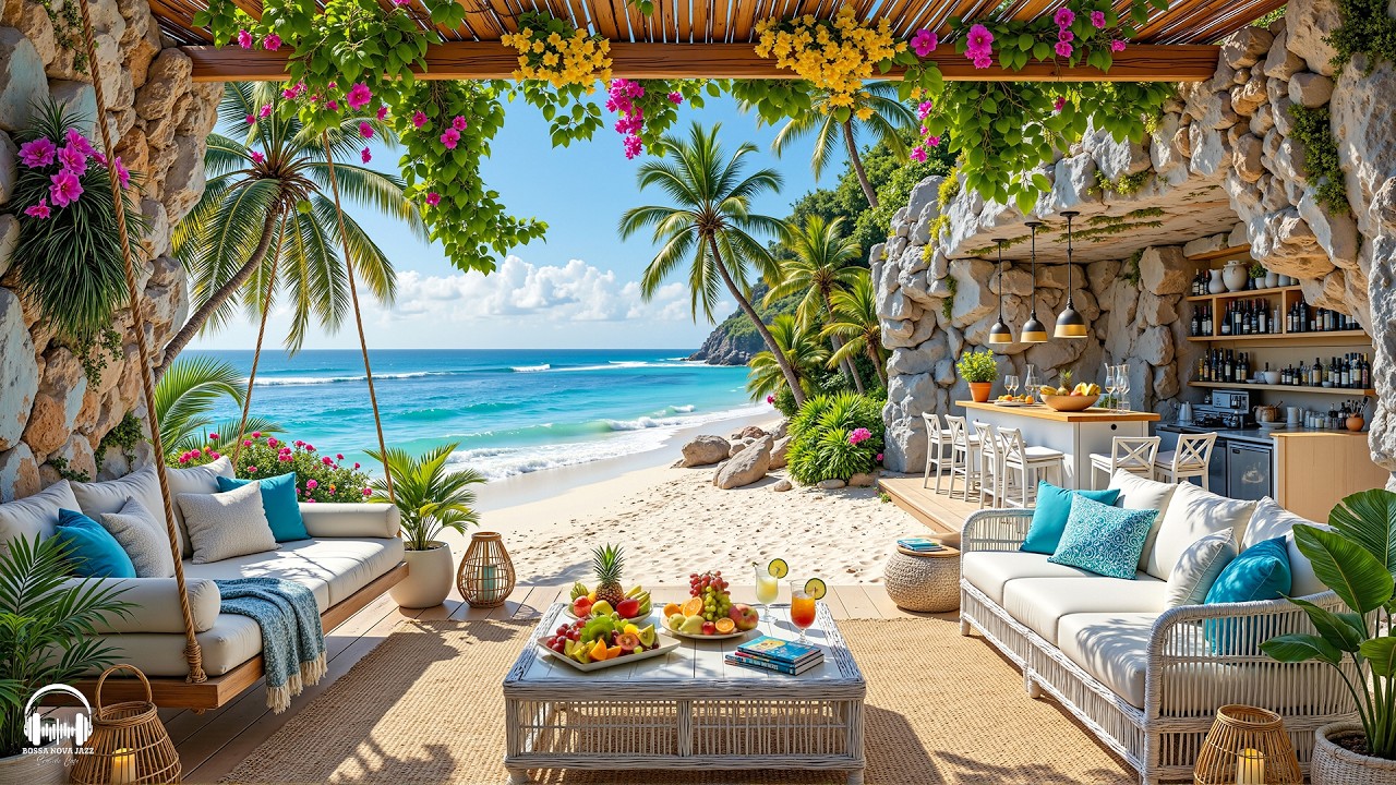 Upbeat Morning Jazz at Seaside Cafe Ambience 🌊 Sweet Bossa Nova Music & Ocean Waves for Good Moods
