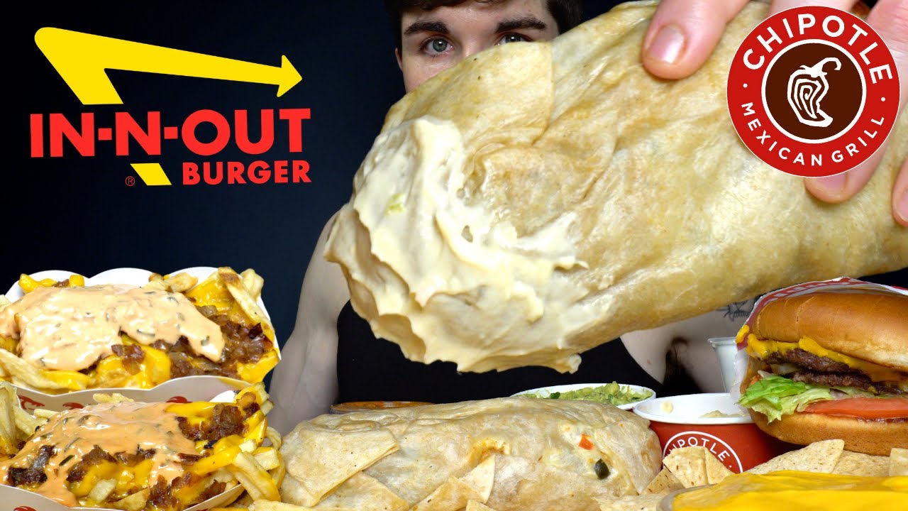 ASMR MUKBANG CHIPOTLE GIANT BURRITO ANIMAL STYLE IN-N-OUT BURGER & FRIES | WITH CHEESE | Magic Mikey