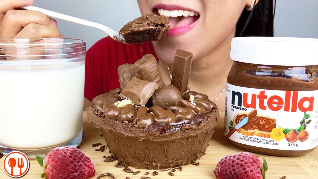 ASMR Dessert Nutella Chocolate Overload Cake, Milk + Jar of Nutella Mukbang 누텔라 먹방 | LaniEats ASMR