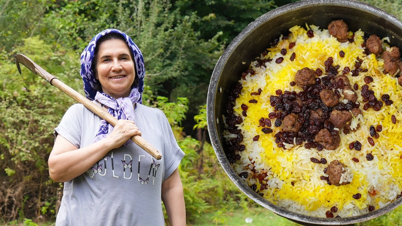 Beautiful Nature with Rural Life Cooking | Iranian food,Adas Polo with meatballs